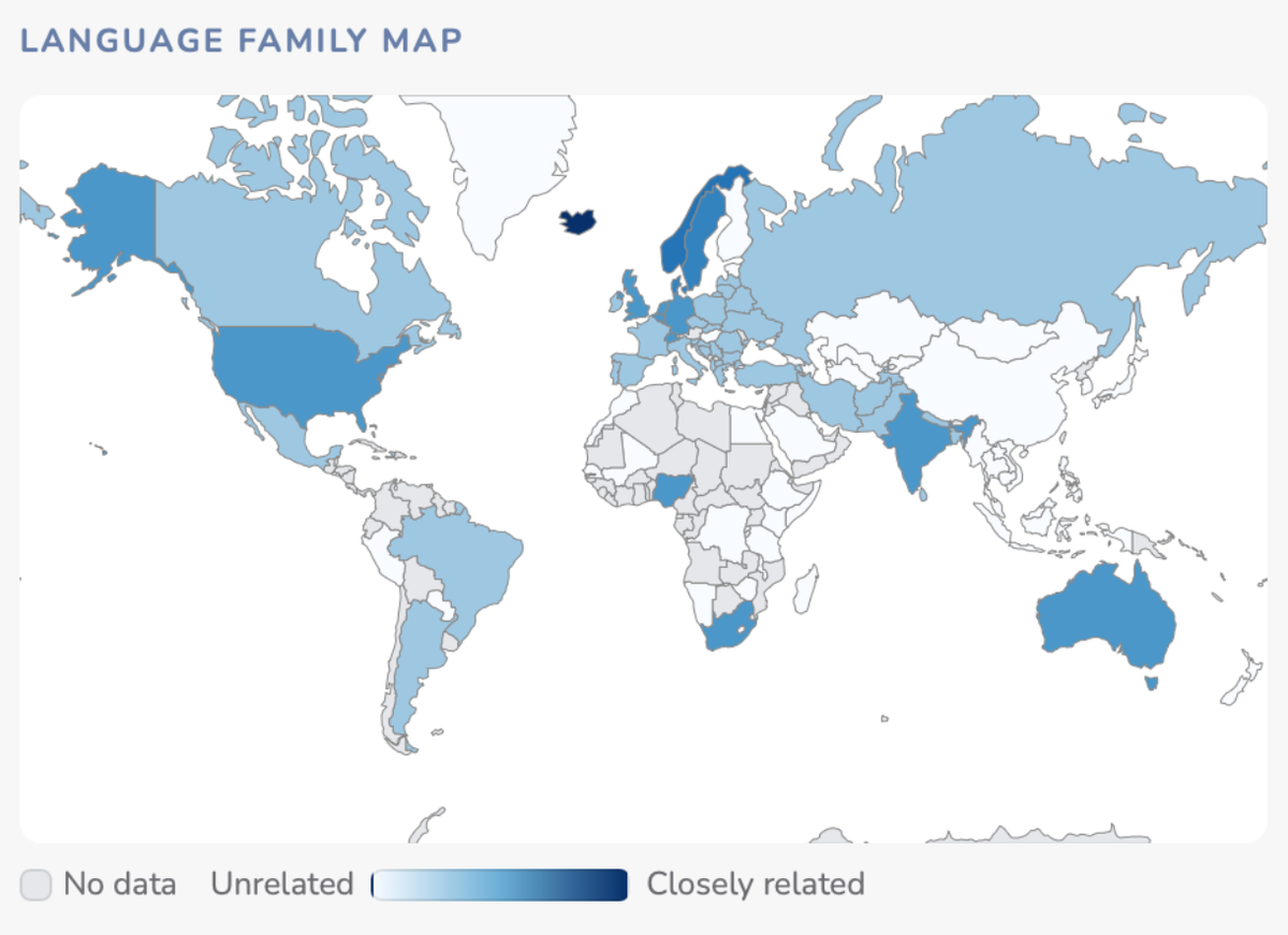 map showing countries that have languages related to Icelandic